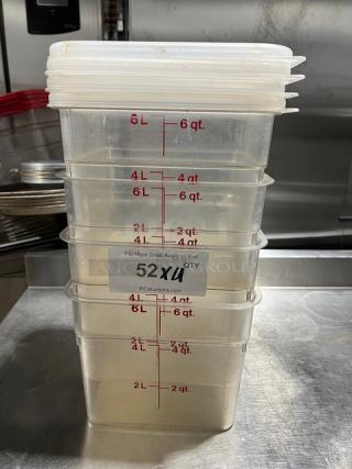 Cambro clear 6 Qt. polycarbonate food containers with lids, stackable, red measurement markings indicating liters and quarts.