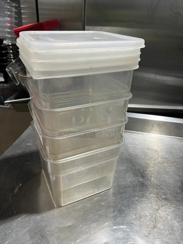 Cambro commercial 6 Qt. clear polycarbonate square food storage containers with lids, stacked, excellent condition.