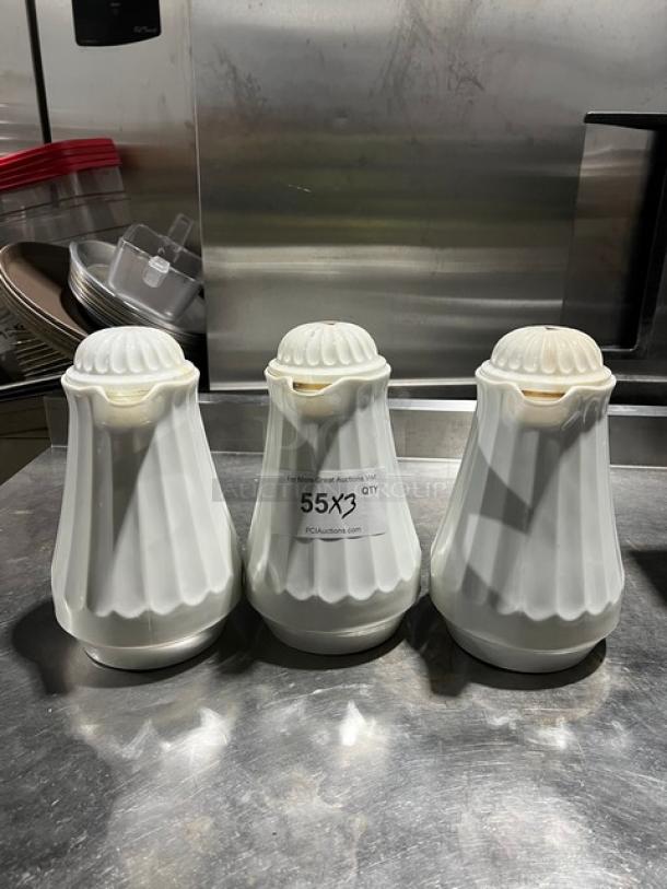 Three white swirl-design 42 oz. thermal coffee carafes, excellent condition, commercial use, label indicates 55x3 quantity.