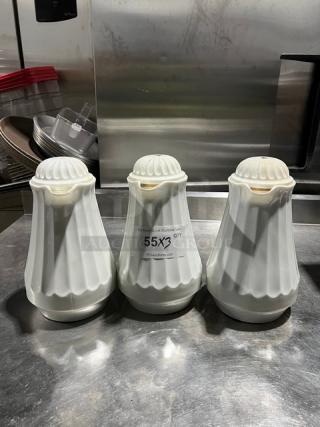 Three white swirl-design 42 oz. thermal coffee carafes, excellent condition, commercial use, label indicates 55x3 quantity.