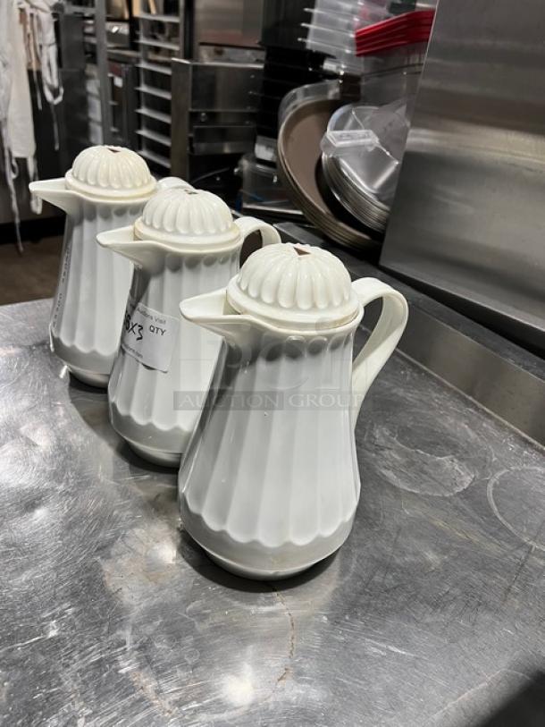 Commercial 42 oz. thermal coffee carafe with white swirl design. Set of three, clean condition, labeled "3X QTY."