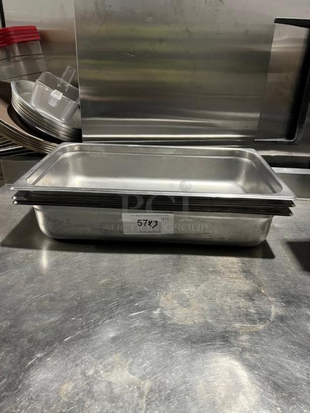 Winco commercial stainless steel full-size 4" deep anti-jam pan, model SPJL-104, excellent condition. Visible label: "57X3 QTY".