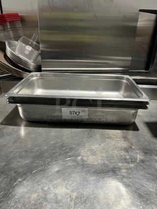 Winco commercial stainless steel full-size 4" deep anti-jam pan, model SPJL-104, excellent condition. Visible label: "57X3 QTY".