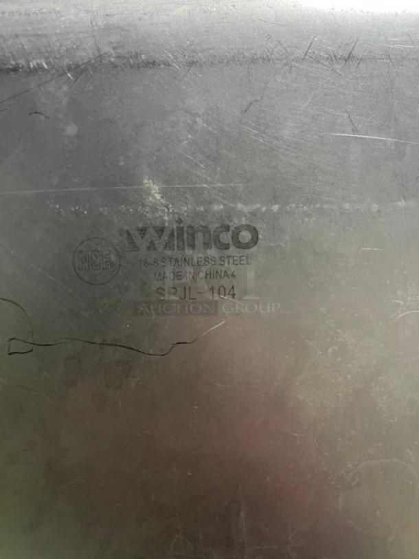 Winco stainless steel full-size 4" deep anti-jam pan, model SPJL-104. Visible markings: "Winco, 18-8 Stainless Steel, Made in China."
