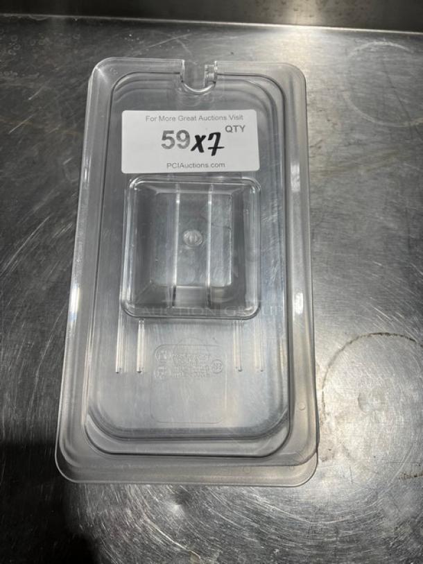 Commercial clear polycarbonate food pan lid with notch and handle, 7X quantity, pristine condition, marked by PCIAuctions.com.