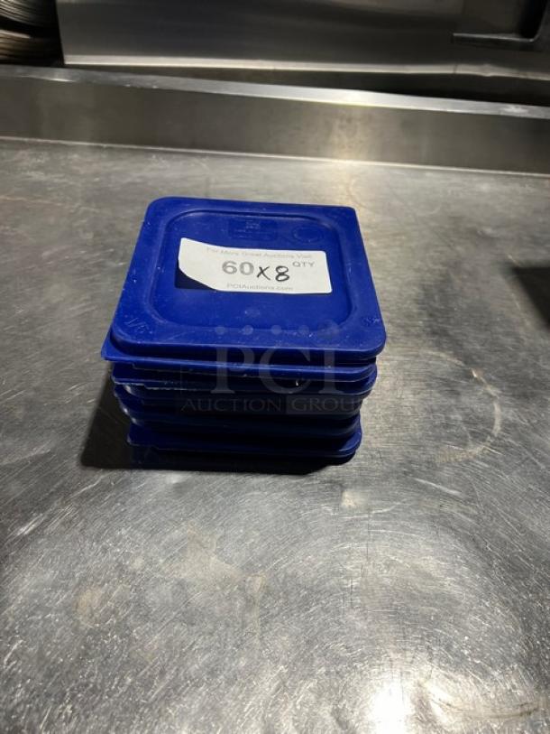 Carlisle blue 1/6-size square food container lids, model 30582. New stack of eight, labeled with "60x8 qty."