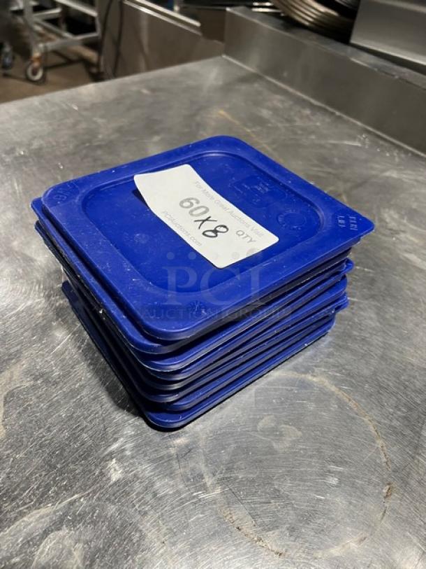 Carlisle blue square 1/6-size food storage container lids, Model 30582, stack of 8, marked with a quantity label.