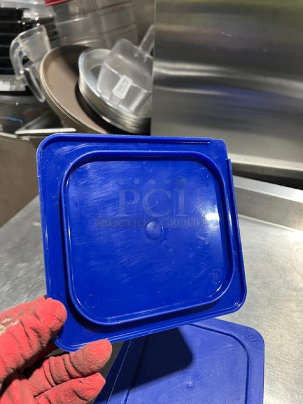 Carlisle Commercial Blue Square Food Storage Container Lid, Model 30582, 1/6-Size, durable plastic, used condition.