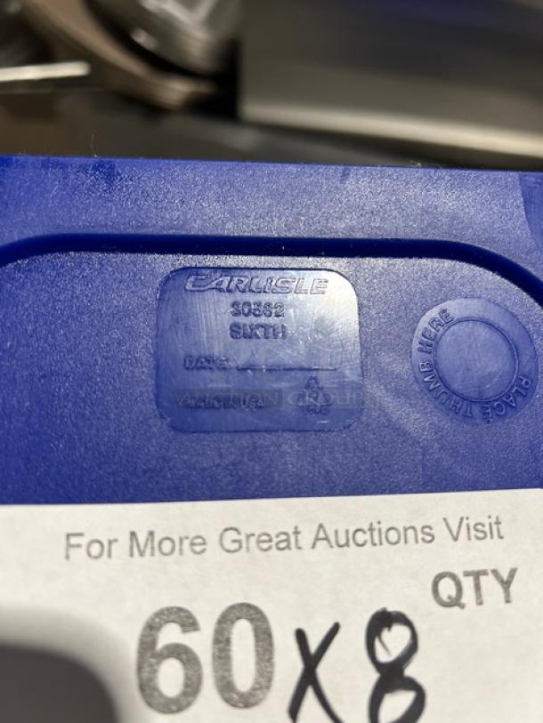 Carlisle 30582 blue square 1/6-size food storage container lid. Markings include "Carlisle," "30582," and recycling symbol. New condition.