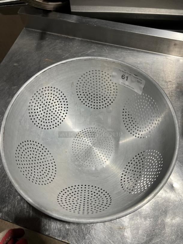 Commercial aluminum round colander with geometric pattern, holes for drainage, Chinese style, good condition, tagged 61.