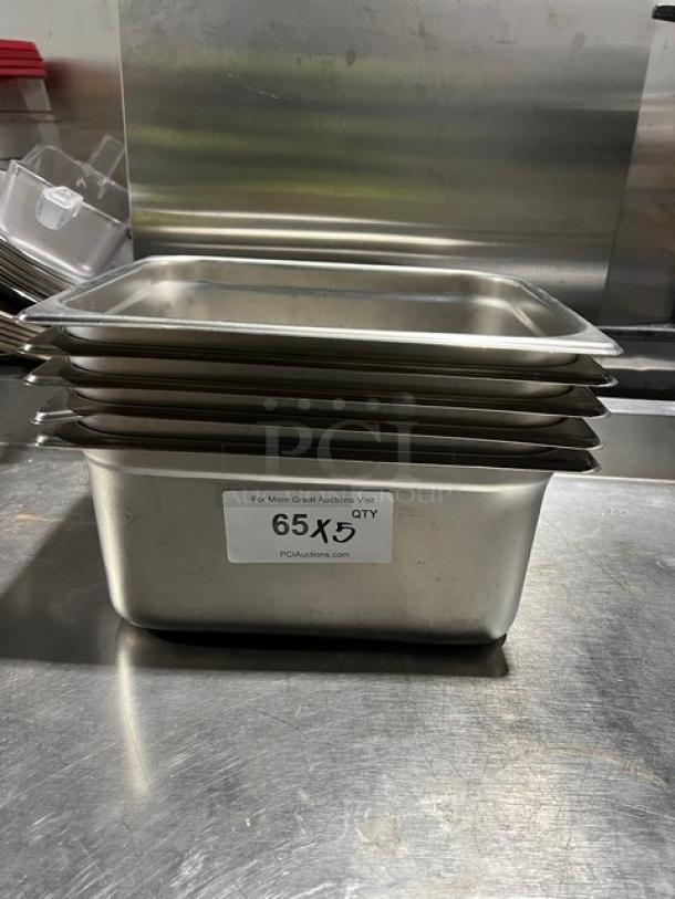 Winco stainless steel 1/2-size, 6-inch deep anti-jam steamtable pans, Model SPJP-206, stack of 5, label shows "65 Qty."
