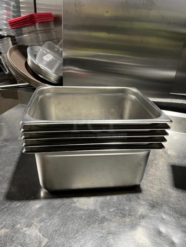 Winco SPJP206 stainless steel 1/2-size 6" deep anti-jam steamtable pans, stack of five, excellent condition.