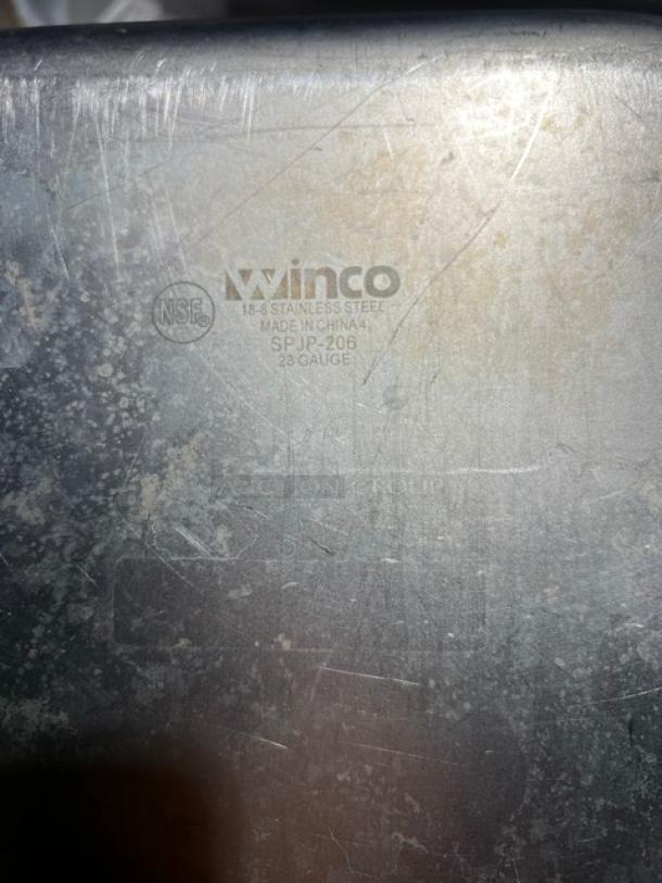 Winco SPJP-206 stainless steel anti-jam steamtable pan, 1/2-size, 6" deep, visible scuffs. Marked NSF, 18-8 gauge.