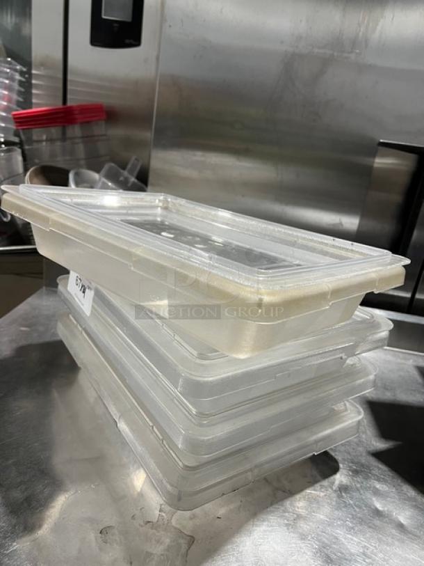 Carlisle StorPlus 2-gal clear polycarbonate food storage containers with lids, stackable, commercial grade, excellent condition.