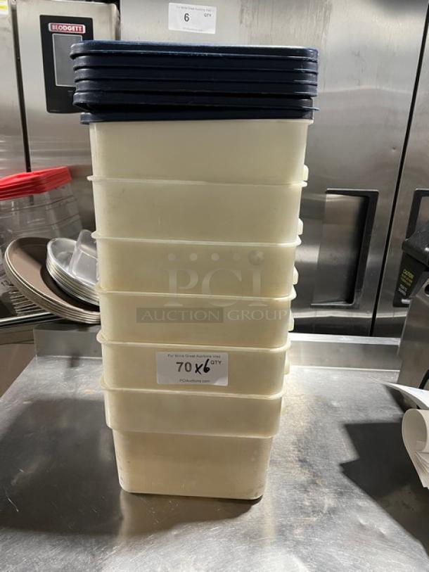 Cambro commercial square food storage containers with navy-blue lids, stack of six, used condition, labeled "70X6 QTY."