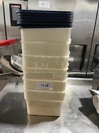 Cambro commercial square food storage containers with navy-blue lids, stack of six, used condition, labeled "70X6 QTY."