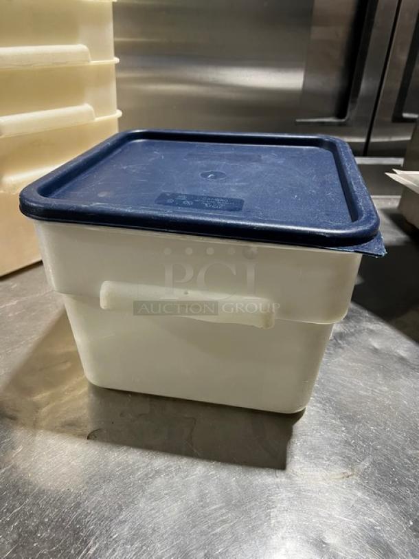 Cambro commercial square food storage container with navy-blue lid, durable plastic, excellent condition, ideal for kitchen use.