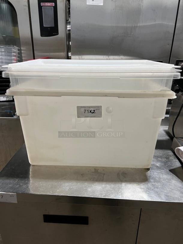 Commercial rectangular food storage container with lid, white, used condition, capacity marked 71x2 QT.