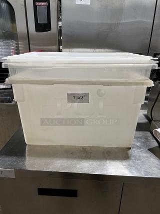 Commercial rectangular food storage container with lid, white, used condition, capacity marked 71x2 QT.