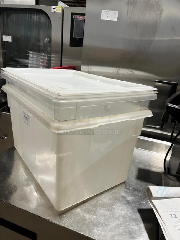 Commercial rectangular food storage container with lid, white, in good condition. Labels indicate used and clean.