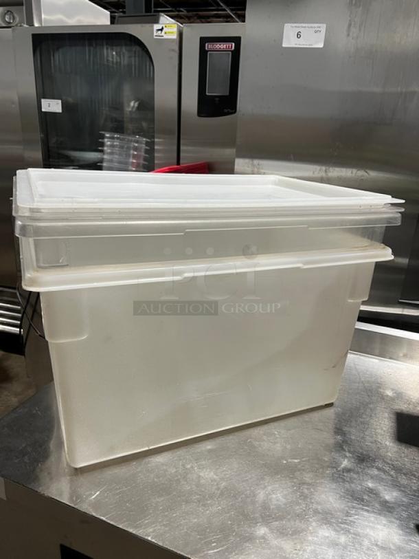 Commercial rectangular food storage container with lid, white, durable plastic, suitable for kitchen storage.