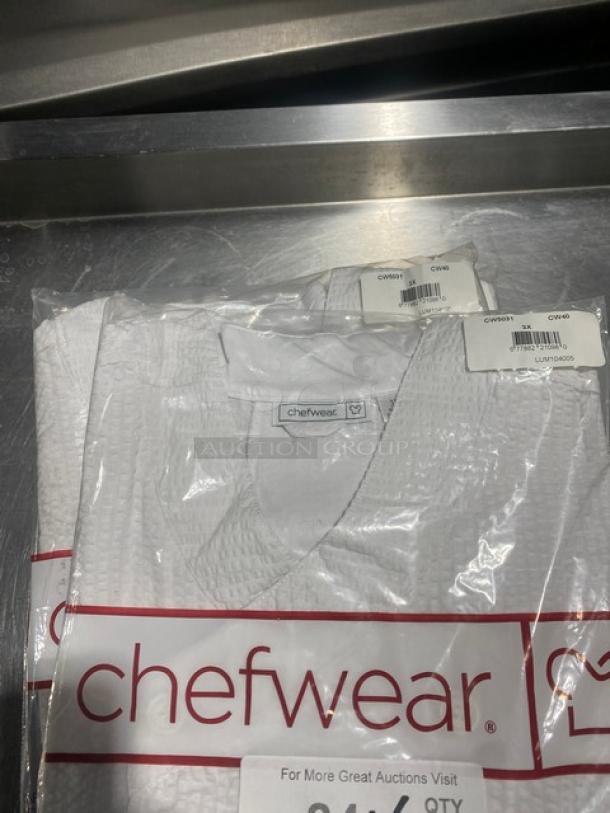 NEW Chefwear white 3X chef coat, textured style. Model CW5031CW40, brand new in packaging with labels indicating size and model.