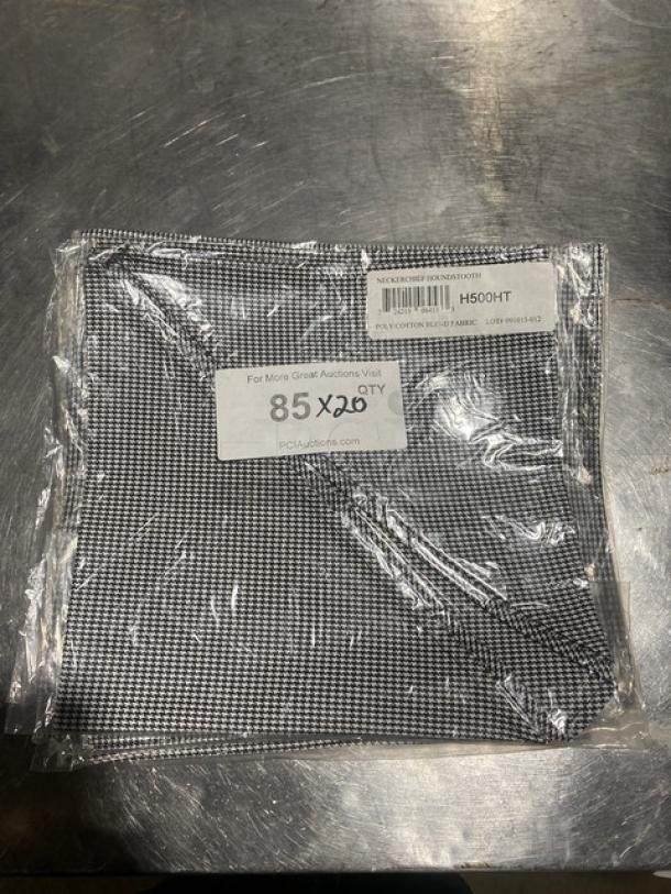 San Jamar H500HT neckerchief, black & white poly/cotton blend, new in package, model label and 85x20 quantity mark visible.