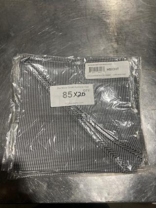 San Jamar H500HT neckerchief, black & white poly/cotton blend, new in package, model label and 85x20 quantity mark visible.