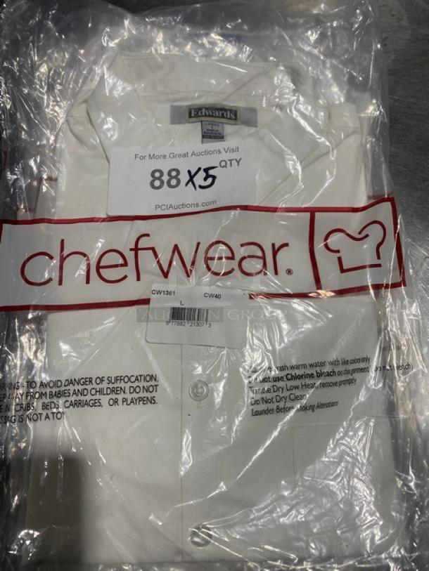 Chefwear commercial white chef shirt, size large, model CW1361-CW40, new in packaging. Includes tag and care instructions.