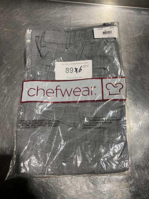 Chefwear plaid-style chef pants, Model CW3640CW93, X-Large, new in packaging, auction labeling visible.