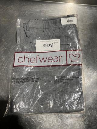 Chefwear plaid-style chef pants, Model CW3640CW93, X-Large, new in packaging, auction labeling visible.