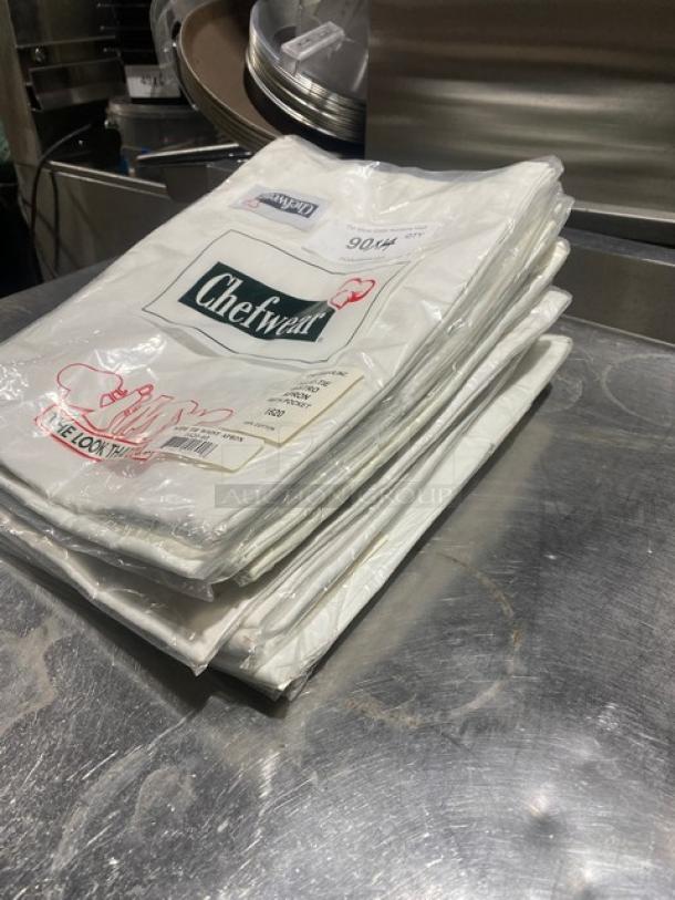 NEW Chefwear Commercial White Cotton Bistro Apron, Model 1620-40, with pocket, in packaging, 14x your bid potential.