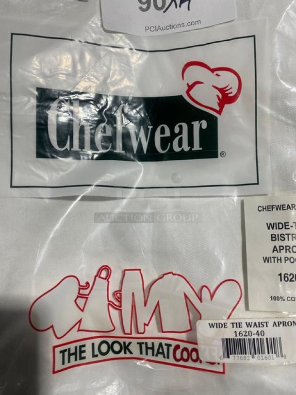 Chefwear white cotton wide-tie bistro waist apron, model 1620-40, new with pocket, in packaging.