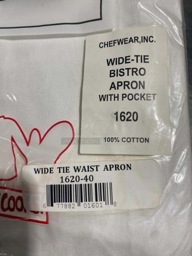 NEW Chefwear white cotton bistro apron, model 1620-40, with wide ties and pocket. Brand and model labels visible.