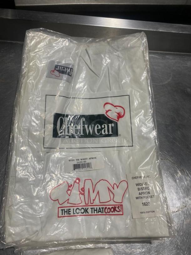 NEW Chefwear 162040 white cotton bistro apron with wide ties and pocket, packaged. Durable commercial quality, 100% cotton.