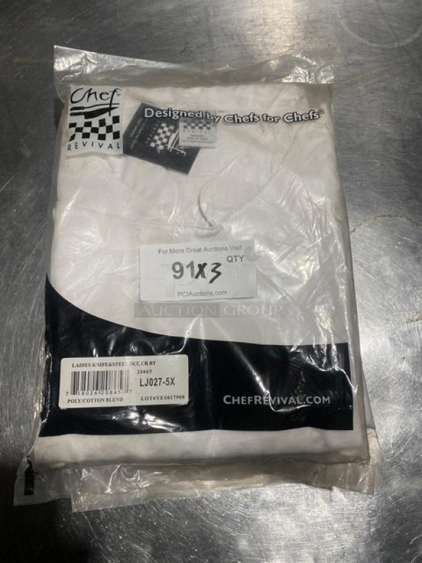 Chef Revival LJ027-5X ladies' chef jacket, new in packaging. White polyester/cotton blend, 5X size.
