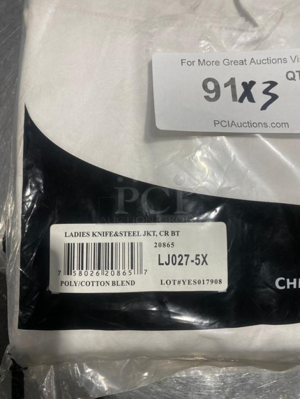 NEW Chef Revival white jacket, polyester/cotton, 5X-size, model LJ027-5X, ladies style, in original packaging.