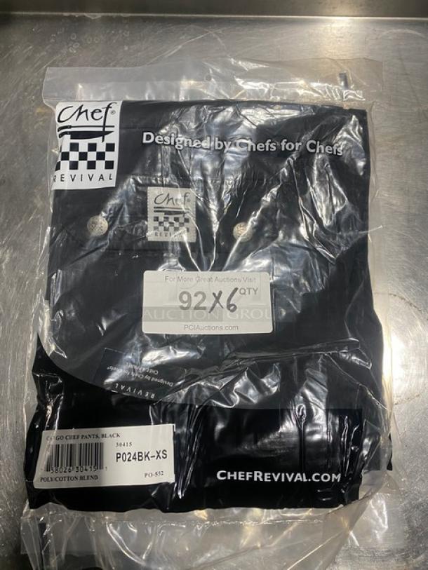 Chef Revival Cargo Chef Pants, model P024BKXS, black polyester/cotton blend, XS size, new in packaging with labels.