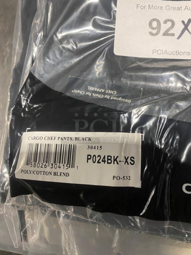 NEW Chef Revival cargo chef pants, black polyester/cotton blend, XS size, Model P024BK-XS, packaged.