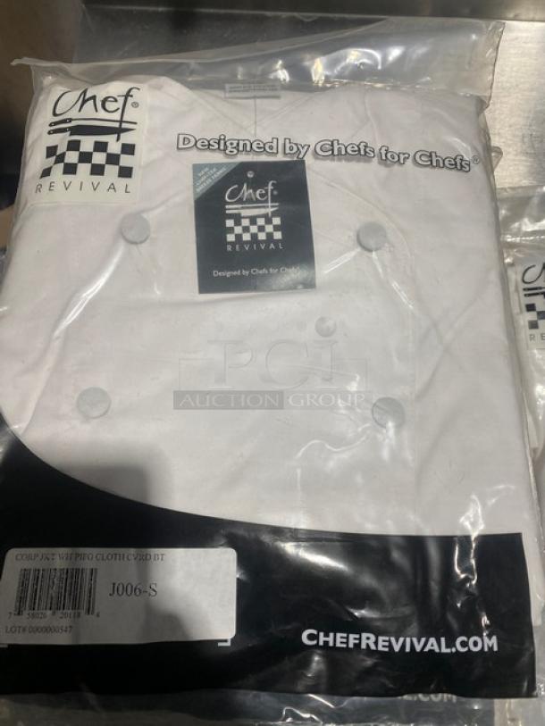 Chef Revival J006S white chef coat, size S. New condition, packaged. Features logo and "Designed by Chefs for Chefs" text.