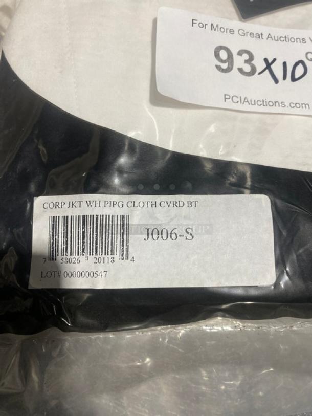 Chef Revival white chef coat J006-S, new condition, size S. Label reads "Corp JKT WH PIPG Cloth CVRD BT."