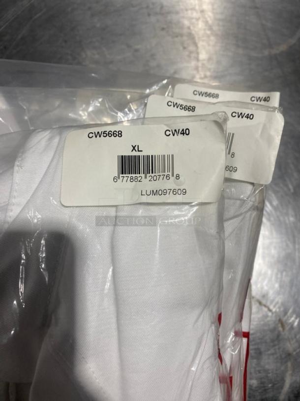 New Chefwear Women's Chef Jacket, Model CW5668CW40, White, XL, with ring snap buttons, in original packaging.
