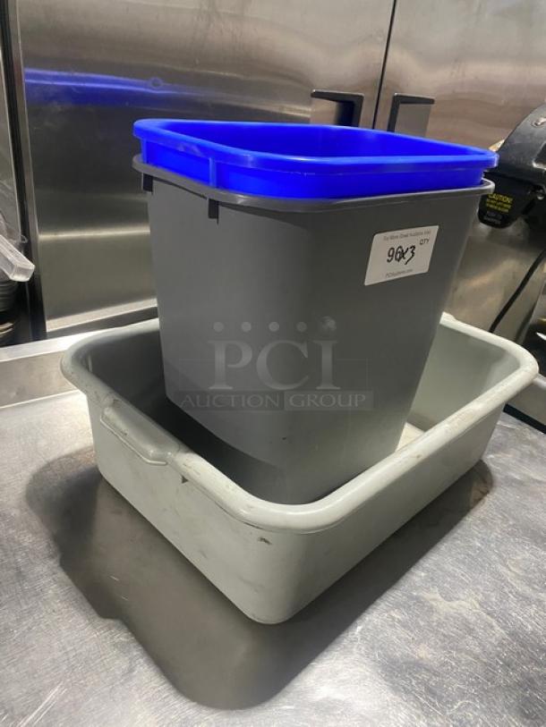 Commercial waste bin with blue lid and utility bucket, grey plastic, shows label "90x3 QTY", ideal for kitchen use.