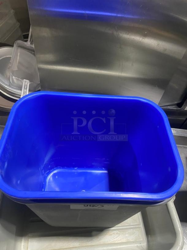Commercial assorted waste bin, blue plastic, includes utility bucket/bus box, in good condition. 3X your bid.