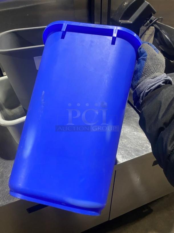 Blue commercial waste bin with utility bucket and bus box, in used condition. Includes 3 items for each bid.