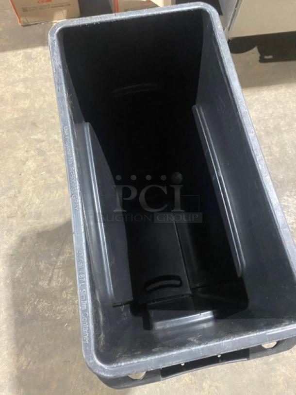 Rubbermaid Slim Jim Series 23 Gal. black trash can, rectangular, commercial-grade, gently used condition.