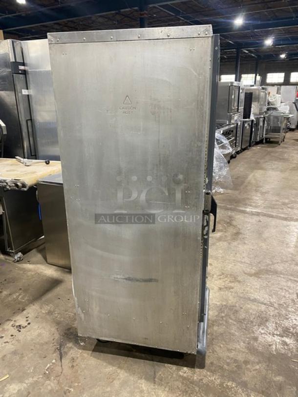 Metro C5-1 Series C519CFCU heated cabinet, single glass door, non-insulated, on casters. Used condition.