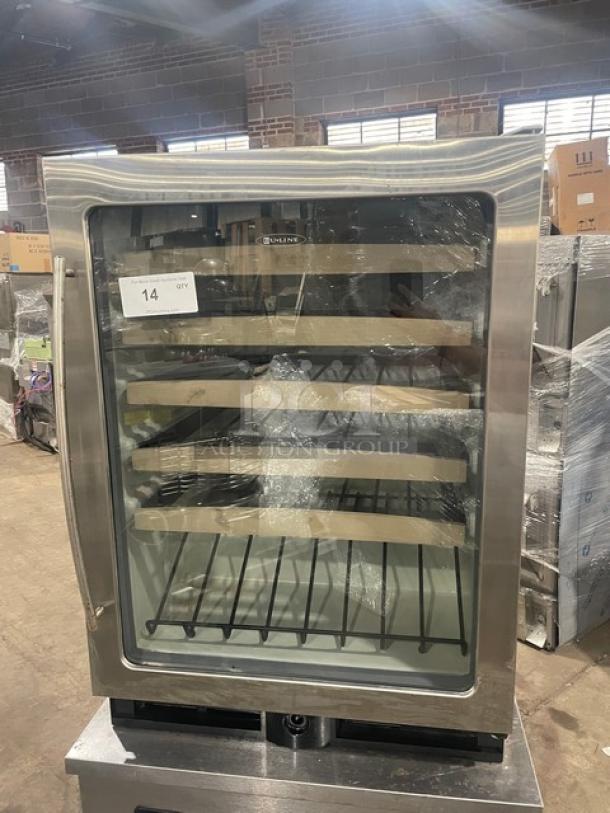 U-Line Commercial Stainless Steel Beverage Center, model U-2075WCS-00. Single glass swing door, wooden shelves, 115V.