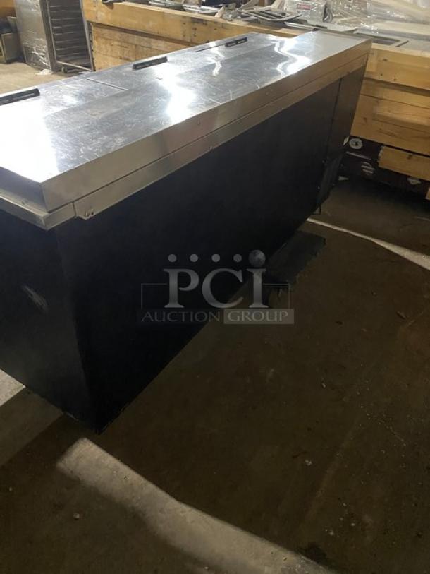 Beverage-Air 80" black bottle cooler, model DW79B, with stainless steel worktop, triple lid access, excellent condition.