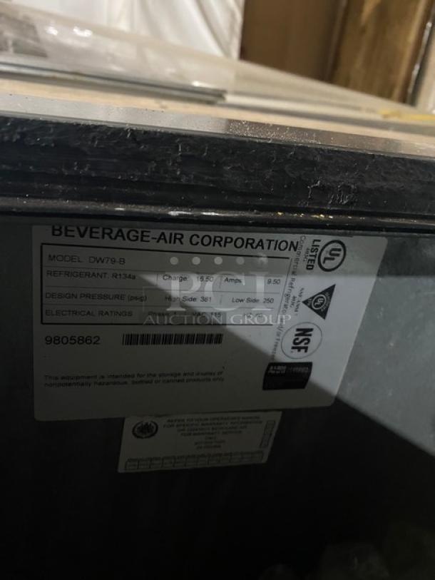 Beverage-Air DW79B commercial cooler with stainless steel worktop, triple slide lid, SN: 9805862, 115V, 1 Phase.